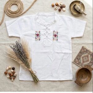 Boys White Embroidered Shirt Sz 6, Ecuadorian Ethnic Short Sleeve Handmade